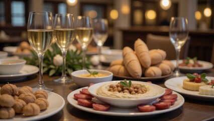 Festive Middle Eastern Feast: Hummus, Falafel, Pita Bread & Sparkling Wine for a Communal Dinner Celebration