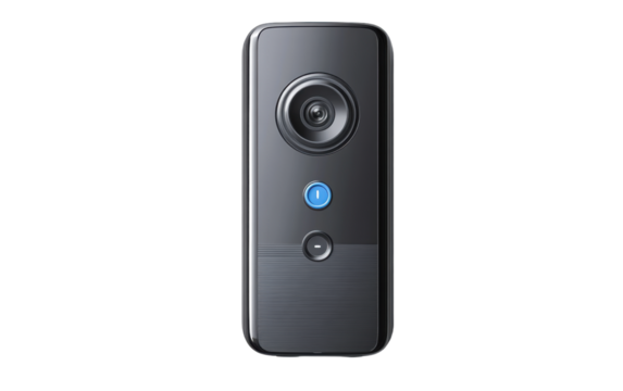 Black camera with a blue button on the side isolated on white or transparent background