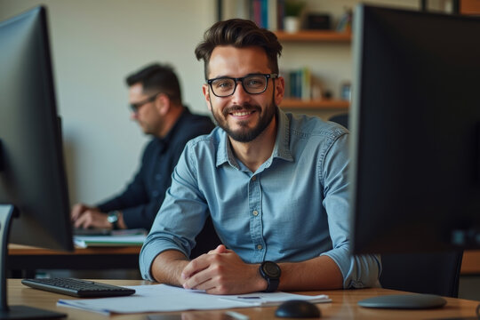 Confident Business Owner Working from Home Office Surrounded by Tech Gadgets and Screens