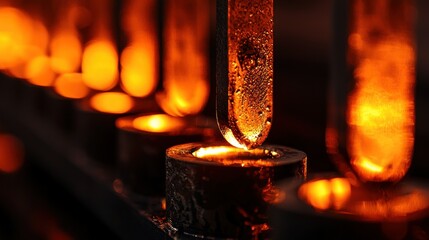 Hot molten metal being poured into circular containers in a line