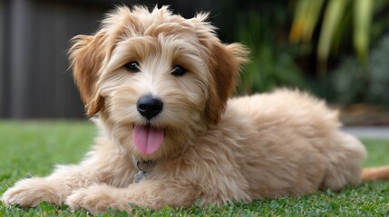Adorable golden doodle puppy resting outdoors