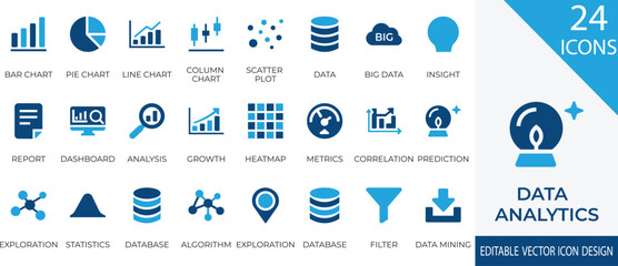 A modern collection of vector icons representing data analytics concepts such as bar charts, dashboards, data mining, and algorithmic analysis.  and business intelligence design needs.