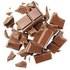 Broken chocolate bars scattered on a white background showcasing texture and detail, Broken chocolate bars