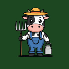 A cartoon cow wearing a straw hat and overalls holding a pitchfork and a bucket. The cow is smiling and he is happy