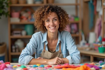 Fototapeta premium Portrait of a DIY craft studio owner immersed in a vibrant world of handmade creations, reflecting her dedication to crafting and inventive spirit.