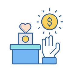 Charity donation box with heart, coin, and hand