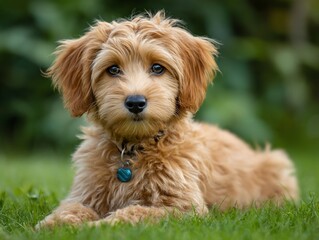 Adorable goldendoodle puppy lounging in lush grass