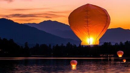 Illuminated lanterns ascend over a still lake under an orange sky