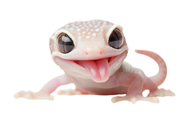A playful, smiling gecko showing its tongue against a white background.