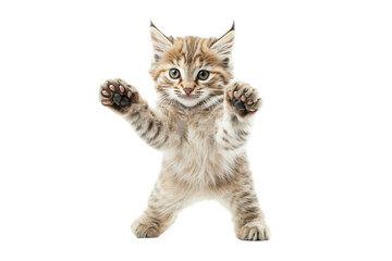 Cute tabby kitten playfully reaching out with paws in a light background.