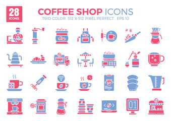 Coffee Shop detail flat two color icons set.Vector illustration