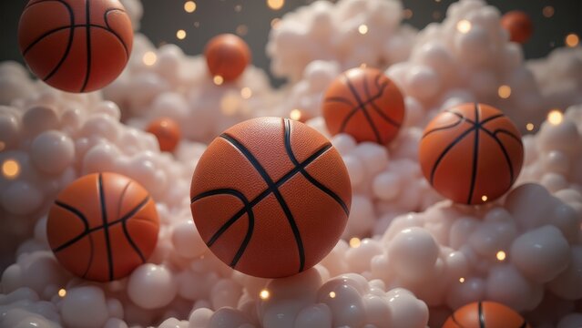 Floating basketballs in a surreal landscape of fluffy white spheres, illuminated by golden bokeh lights. - Powered by Adobe