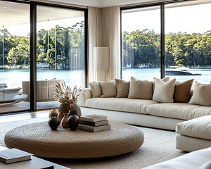 Stylish waterfront property interior focusing on natural textures and luxury finishes.