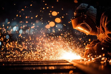 Welder at work, sparks flying during industrial manufacturing process, heavy metal welding, safety gear, construction industry