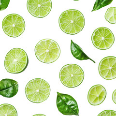 Fresh citrus lime slices spread out on a white background with green leaves for vibrant decoration, Green fresh citrus lime slices, white background
