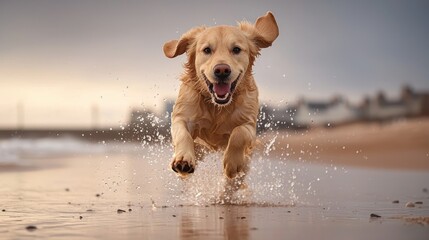 Happy golden dog runs joyfully through the ocean water