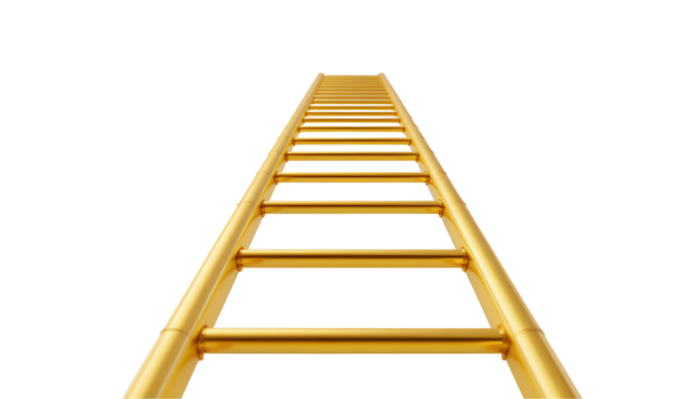 Golden ladder, extending from bottom to top of frame, perspective shot directly facing the ladder isolated on transparent background  - Powered by Adobe