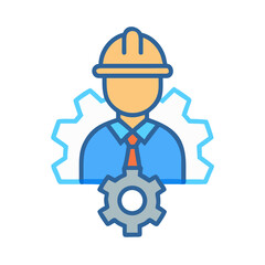 Engineer with gears, construction, industry, design, and manufacturing