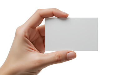 a light-skinned hand holding a blank rectangular white business card isolated on transparent background 