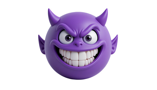 A purple emoticon, devilish expression wide, exaggerated smile, bright, white teeth, large, expressive eyes isolated on transparent background 