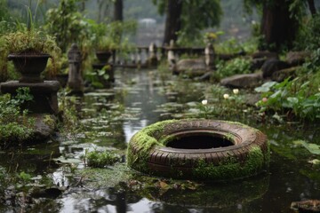 Fototapeta premium Overgrown Tire Floating in a Pond with Lily Pads in a Lush Garden Surrounded by Greenery on a Rainy Day