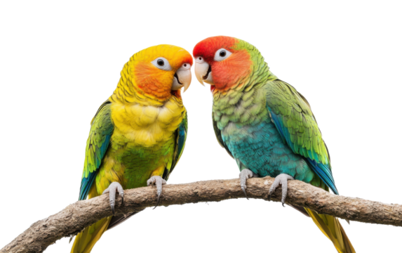 Two colorful parrots isolated on white or transparent background