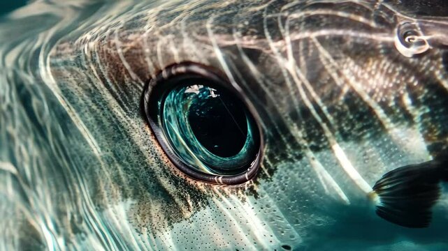Intricate details of a shark's eye underwater showcasing its exquisite structure and aquatic environment, Closeup of shark's eye underwater, showing intricate details and reflections