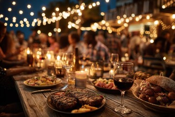 Festive Backyard Dinner Party with Grilled Steak, Sandwiches, Salad, Wine, and Glowing String Lights at Twilight
