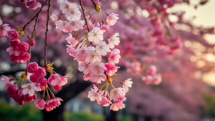 Fototapeta premium A close-up photograph of cherry blossoms in full bloom, with delicate pink and white petals cascading downward in a weeping branch formation