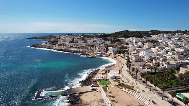 Santa Maria di Leuca - Italy, Apulia - Aerial view of the town with beach promenade and stunning views of the wide sea