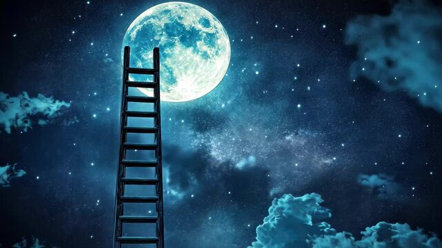 Ladder reaching into the moonlit sky symbolizing the pursuit of dreams and aspirations at night, a ladder to moon sky at night, pursuing a dream concept video background ing for live wallpaper
