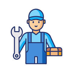 Cartoon Mechanic with Wrench and Toolbox on Black Background