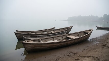 Obraz premium Wooden Rowboats on Misty Lake Shore, Calm Water, Serene Morning Scenery