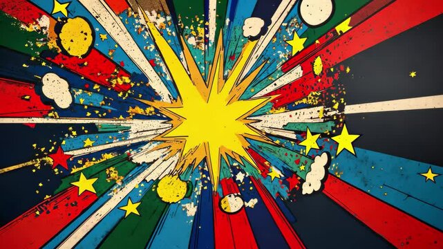 Comic book explosion with vibrant stars and colorful exclamations radiating from a central point, Comic book explosion of stars and exclamations, 1950s style, vibrant and dynamic