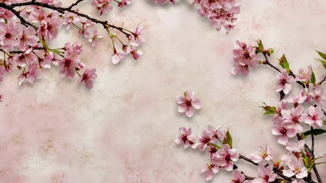 Delicate cherry blossom branches create a serene pink background, Cherry blossom branches overlaying a delicate pink Japanese pattern, framed in oriental style