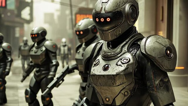 Alien invaders in armor patrol small town street during an eerie dusk, Alien invaders in armor standing in small town street