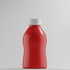 A red plastic ketchup bottle with a white cap stands on a simple grey background. Its classic, squeezable design is instantly recognizable. 