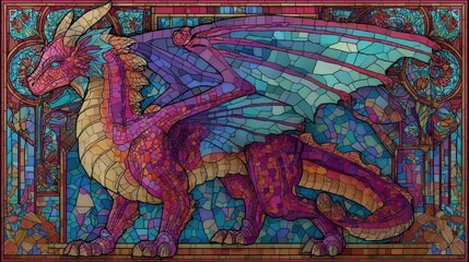 A vibrant stained glass dragon, detailed in a medieval style.