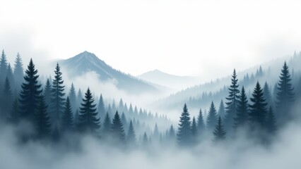 Fototapeta premium Misty Mountain Forest Landscape with Evergreen Trees and Fog, Scenic Nature Background