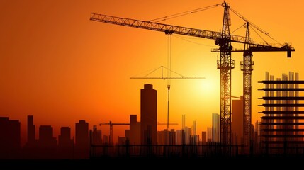 Silhouette of construction cranes silhouetted against the setting sun