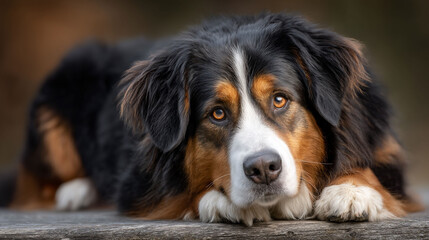 Bernese mountain dog rests peacefully outdoors