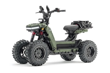 A green electric all terrain vehicle with large tires on a white background in a studio setting
