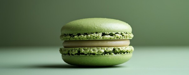 A single green macaron with a beige filling on a green background close up shot