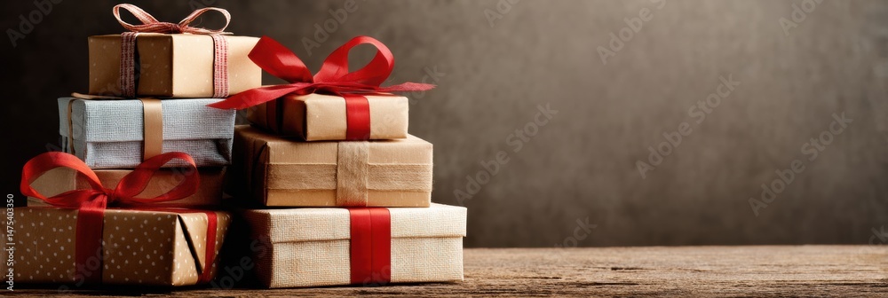 Poster wrapped gift boxes stacked neatly with a warm spotlight on the left and an open space on the right r