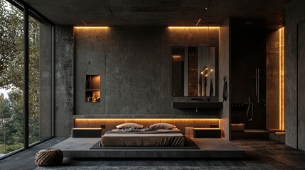 Obraz premium Modern Bedroom Interior Features Dark Concrete Walls and Ambient Lighting