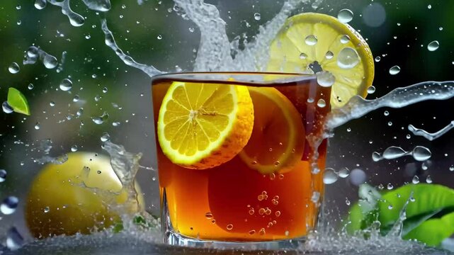 Refreshing lemon tea with a splash of water on a sunny afternoon, A refreshing glass of lemon tea with a splash of water