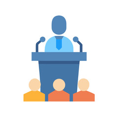 Speaker at podium with audience, presentation vector icon