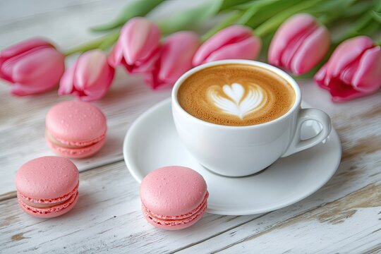 A white cup of latte art coffee with pink macarons and tulips on a rustic white wooden table
