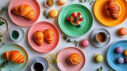 Colorful Pastries and Drinks on Vibrant Plates Arranged for Brunch Gathering at a Casual Setting