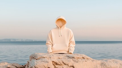 Fototapeta premium A light colored hoodie resting on a textured seaside rock formation